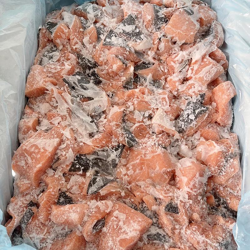 เนื้อแซลมอน Bits&Pieces (ป้ายเหลือง) ตัดแต่งส่วนเนื้อส่วนแซลมอนหั่นเป็นชิ้น ป้ายเหลือง